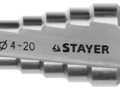 Сверло STAYER "MASTER" ступенчатое по сталям и цвет.мет., сталь HSS, d=4-20мм, 9ступ.d 4-20, L- 75мм,шестигран. хвост.1/4 29660-4-20-9